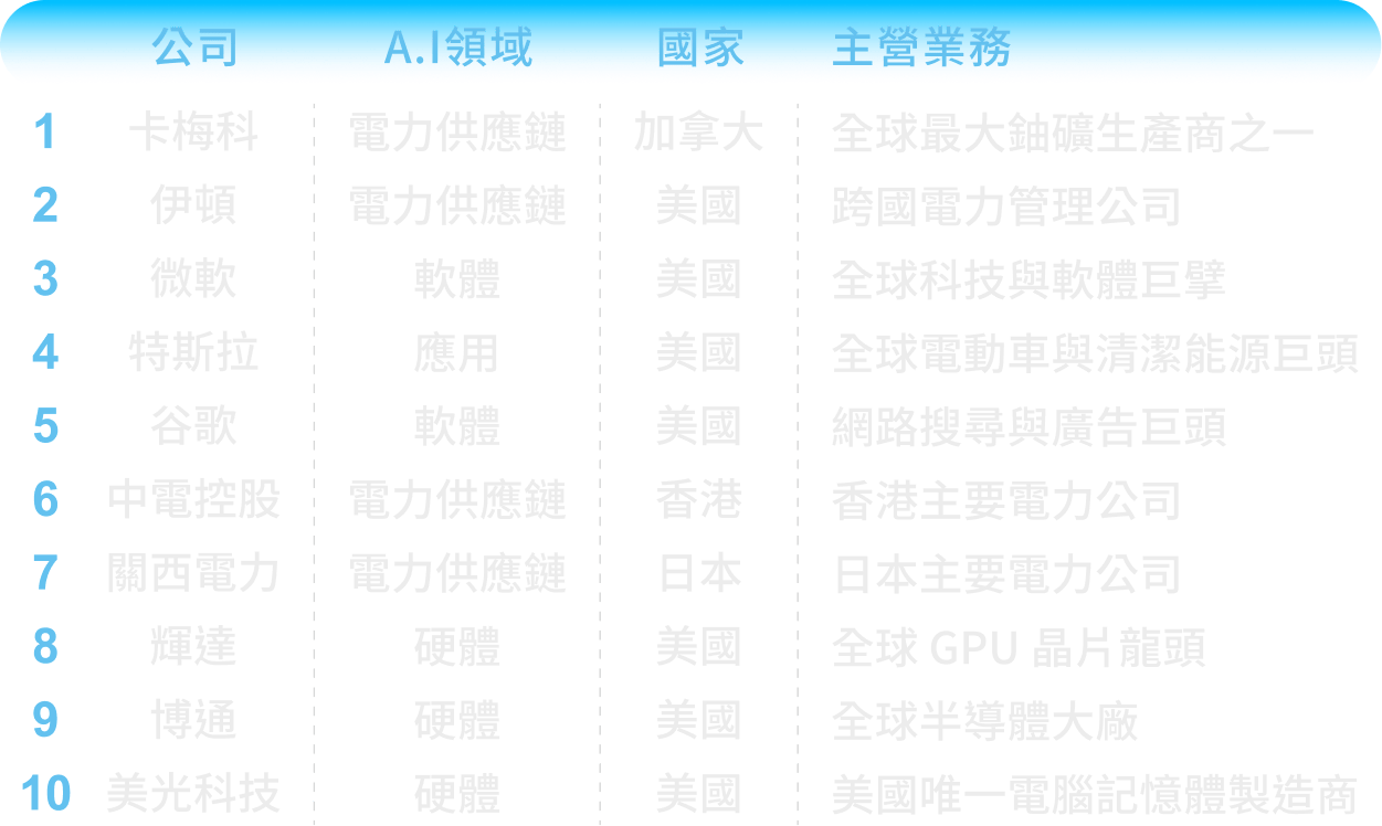 前十大持股：1卡梅科 電力供應鏈 加拿大 全球最大鈾礦生產商之一、2伊頓 電力供應鏈 美國 跨國電力管理公司、3微軟 軟體 美國 全球科技與軟體巨擘、4特斯拉 應用 美國 全球電動車與清潔能源巨頭、5谷歌 軟體 美國 網路搜尋與廣告巨頭、6中電控股 電力供應鏈 香港 香港主要電力公司、7關西電力 電力供應鏈 日本 日本主要電力公司、8輝達 硬體 美國 全球GPU晶片龍頭、9博通 硬體 美國 全球半導體大廠、10美光科技 硬體 美國 美國唯一電腦記憶體製造商